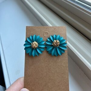 Teal Flower Earrings with Gold Center - NEW